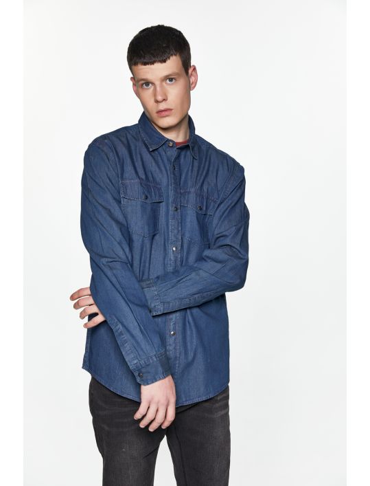 Replika Πουκάμισο με Μακρύ Μανίκι Denim